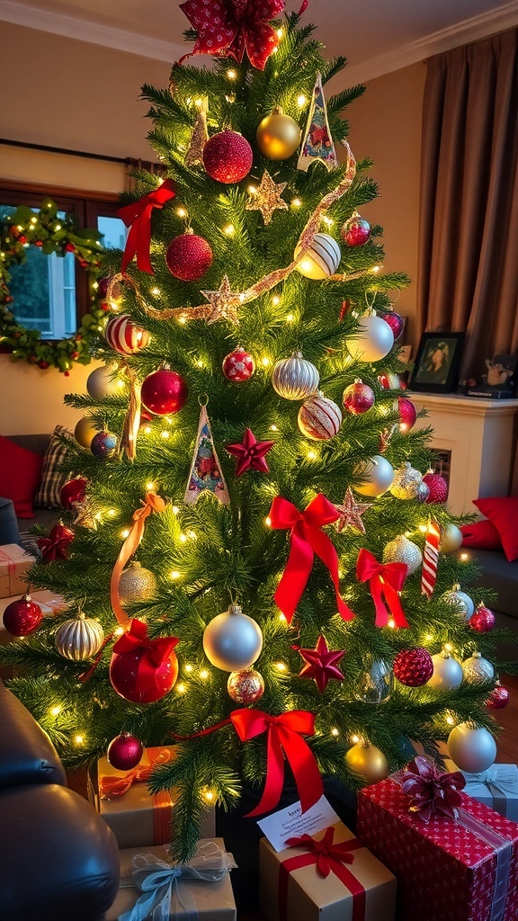 60 Creative Christmas Tree Decoration Ideas A festive Christmas tree with ornaments, lights, and ribbons in a cozy living room.